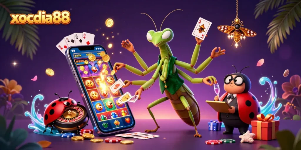 xocdia88 showcases a vibrant 3D casino scene with characters engaging in high-stakes gambling.
