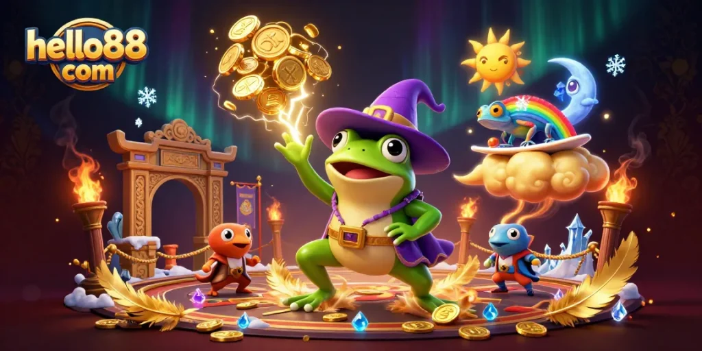 Experience the excitement of hello88 com with a wizard frog storming golden coins and vibrant casino elements.