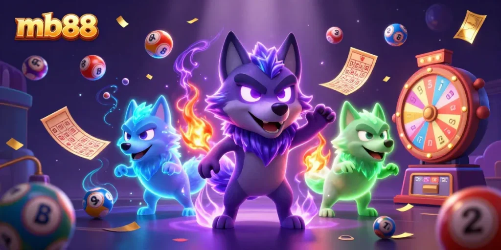 Join the excitement of mb88 with dynamic lottery elements and ghostly wolves leading the fun in this vibrant casino scene!