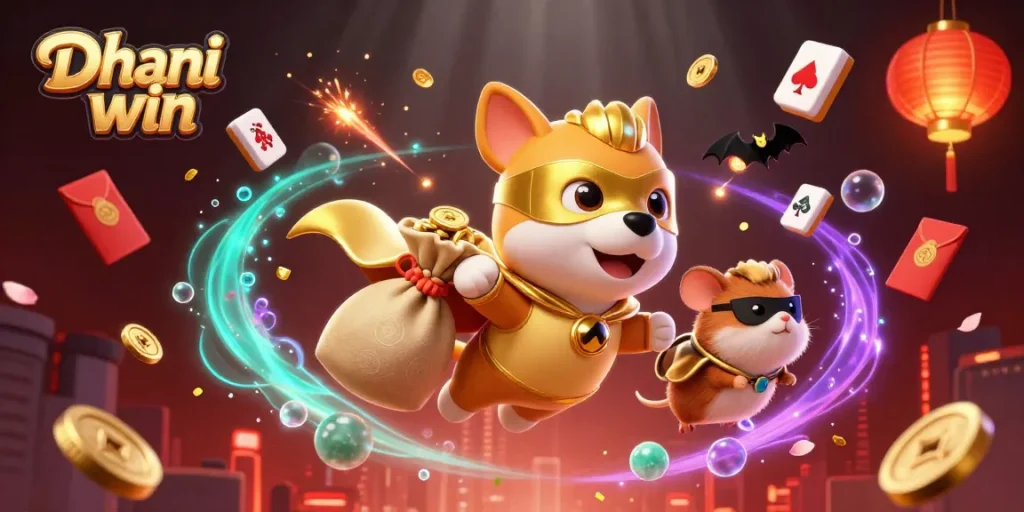 Dhani win offers exciting gaming opportunities with thrilling visuals of a superhero dog flying while promoting casino fun.