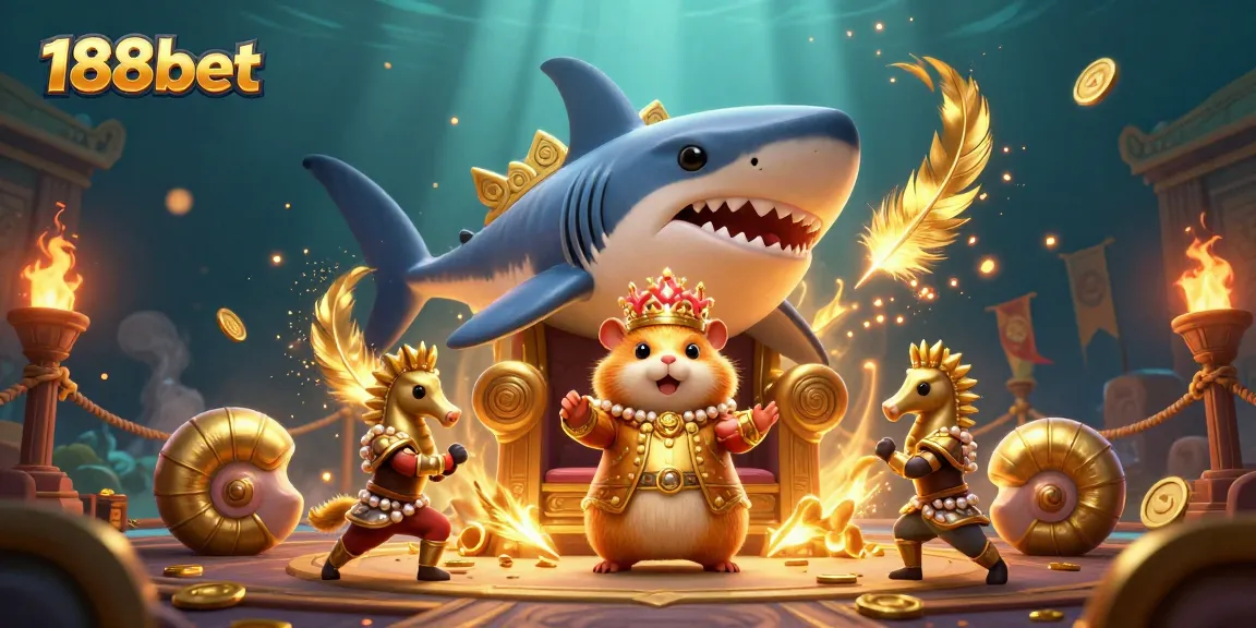 Engage in thrilling gaming at 188bet with a fierce golden hamster king ruling a vibrant underwater casino.