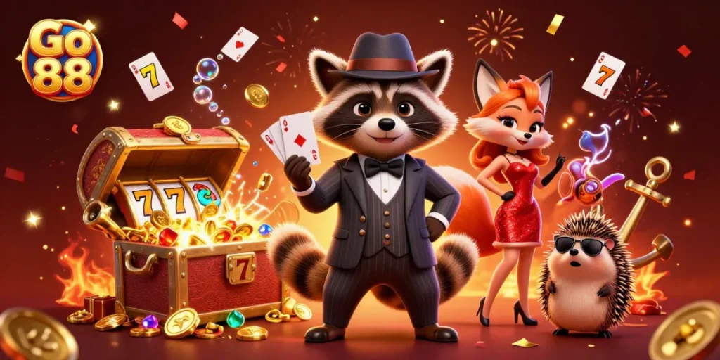 Engage with Go 88's exciting slot game universe through dynamic characters and vibrant casino elements.