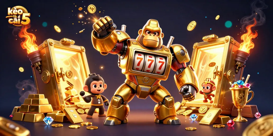 Engage with kèo nhà cái 5 showcasing a dynamic scene of a golden gorilla mech and treasure elements, perfect for betting excitement.