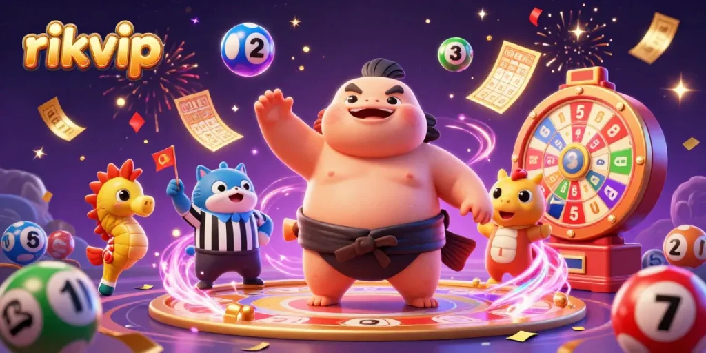 Experience exciting gameplay at rikvip with vibrant 3D casino illustration featuring lively characters and dynamic lottery elements.