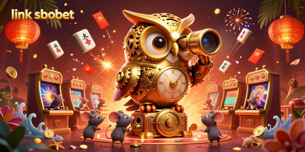 Experience thrilling action with link sbobet as the golden owl presides over an animated casino scene.