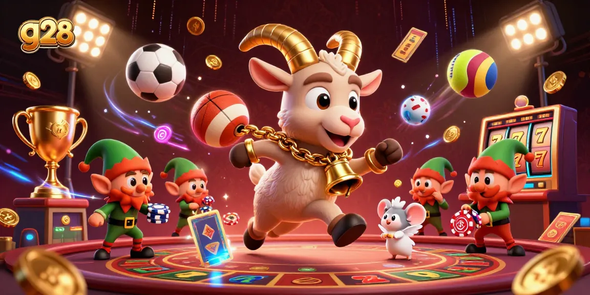 Win at g28 with a spirited casino scene showcasing Krampus, an angel mouse, and elf gremlins.