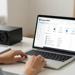 Smart IPTV reseller working in a bright office, showcasing community-focused services.