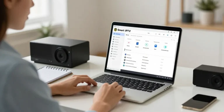 Smart IPTV reseller working in a bright office, showcasing community-focused services.