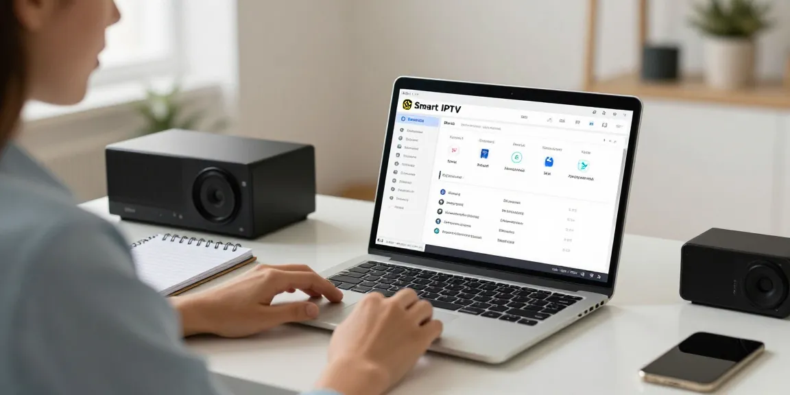 Smart IPTV reseller working in a bright office, showcasing community-focused services.