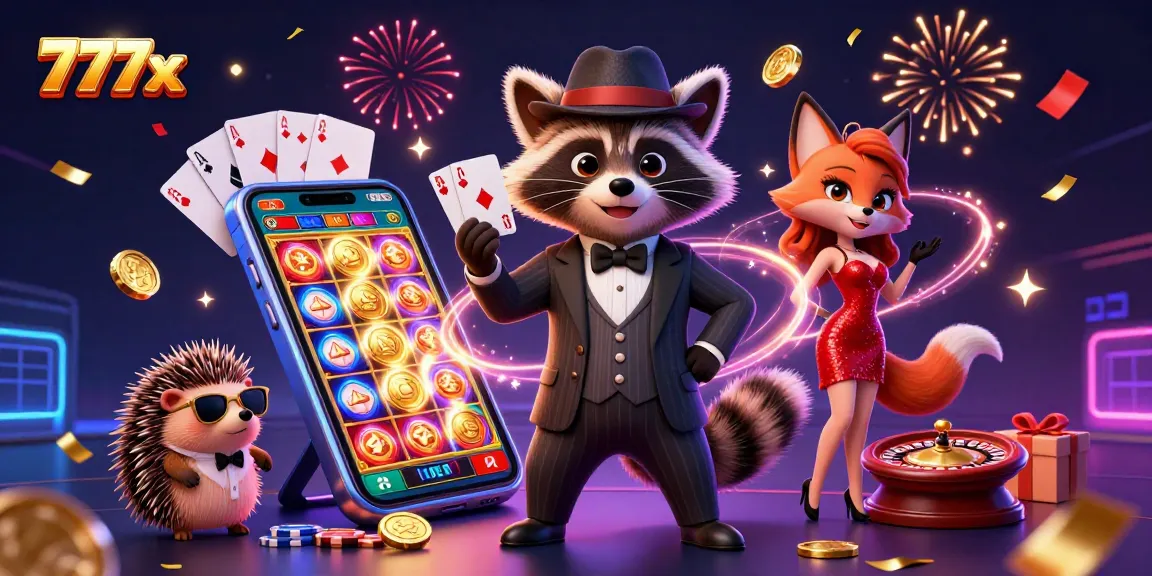 Experience thrilling wins with 777x showcased in a vibrant casino scene featuring charming characters and games.