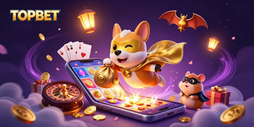 Engage with TOPBET's thrilling gaming world filled with awards, poker chips, and golden coins.