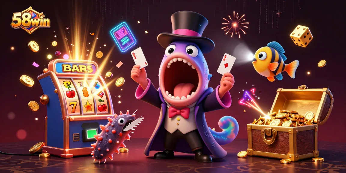Experience thrilling entertainment at 58win with a vibrant casino scene featuring magic tricks and slot jackpots.
