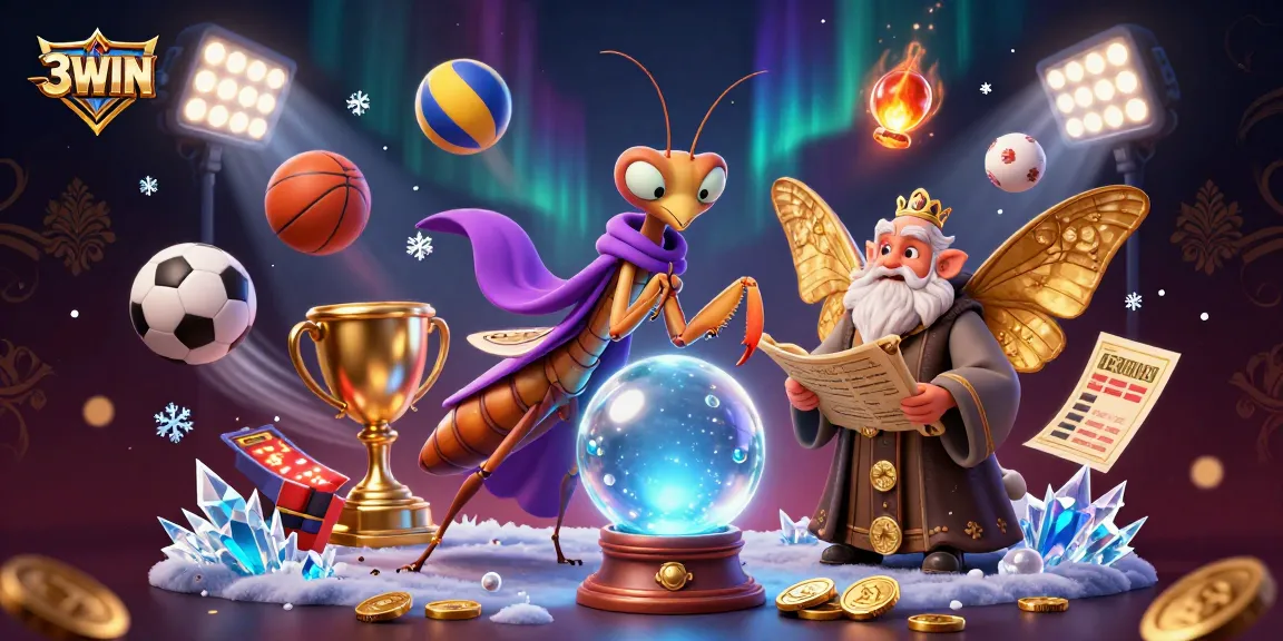 Experience the excitement of 3WIN casino with a colorful 3D illustration of fortune tellers and sports betting elements