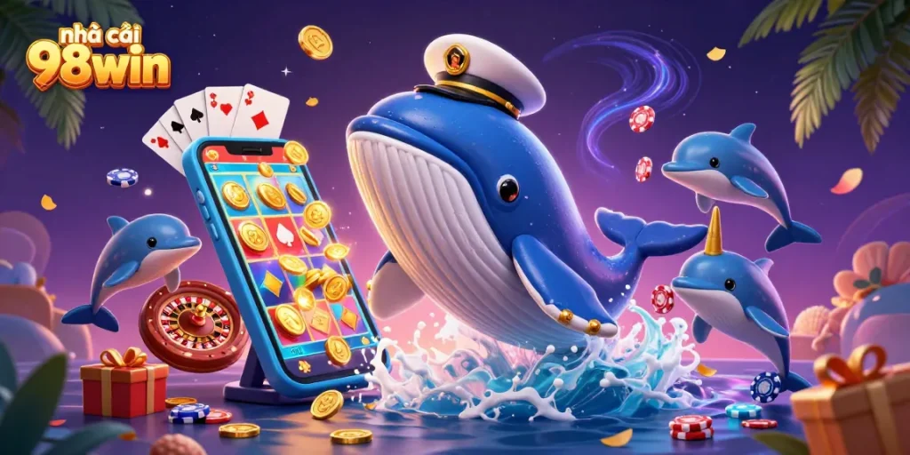 Experience the excitement of nhà cái 98win with this captivating casino-themed illustration of whales and dolphins.