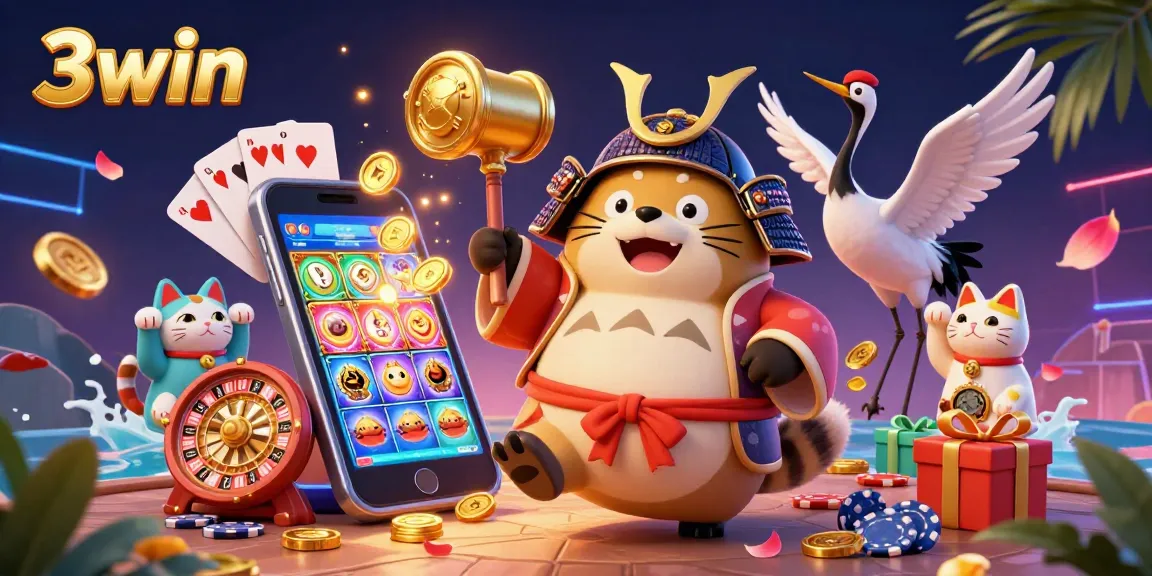 3win showcases a lively 3D illustration of a tanuki, lucky symbols, and gaming elements, reflecting joy in online gambling.