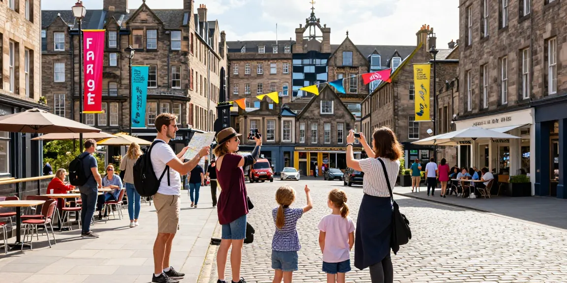 Guests enjoying Edinburgh holiday-let management by exploring vibrant city streets during the Festival Fringe.