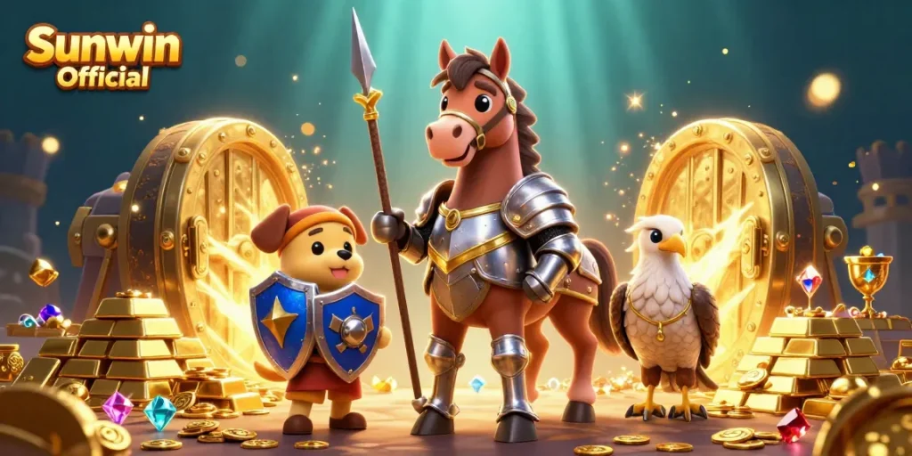 Engage in thrilling gameplay with Sunwin Official as knights and treasures arise in this dynamic casino illustration.