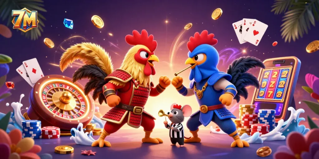 Engage with the exhilarating casino scene of 7M featuring dramatic rooster standoff amid flying coins and gems.