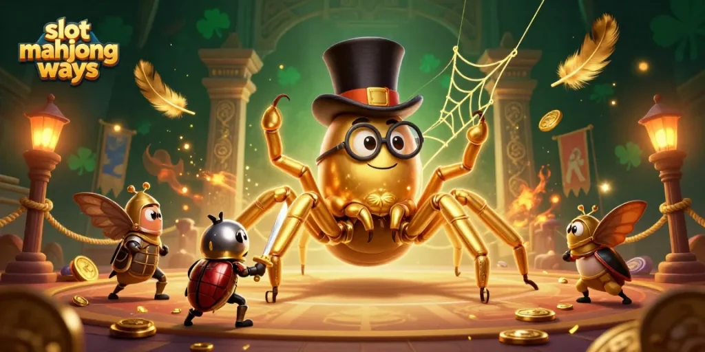 Engage with slot mahjong ways where a golden tarantula spins winning webs among vibrant casino elements.