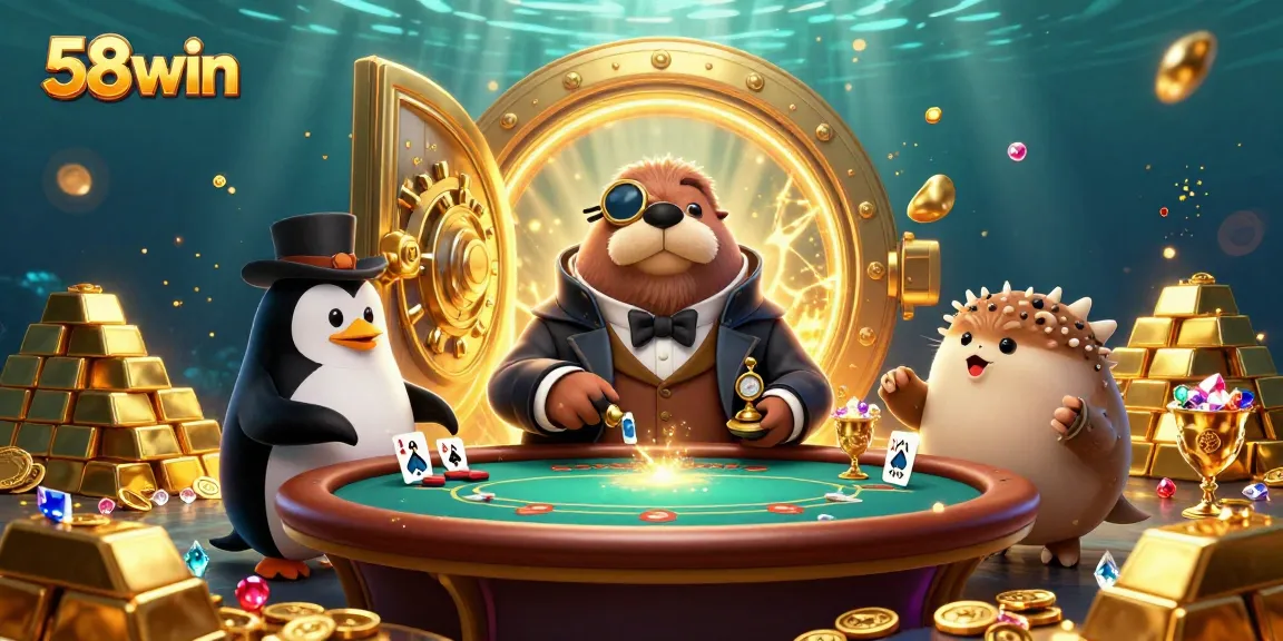 58win players enjoy a lively poker game with a jolly walrus, penguin dealer, and bluffing pufferfish amid treasure.