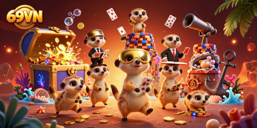 Experience the excitement at 69VN casino with meerkats running games and colorful elements.