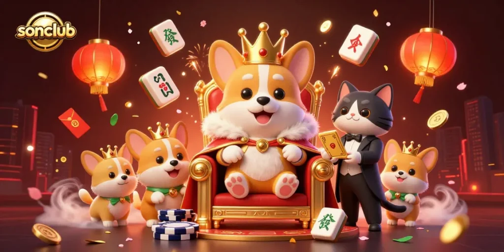 Experience thrilling gaming with sonclub's vibrant 3D illustration featuring a royal vibe and casino elements.