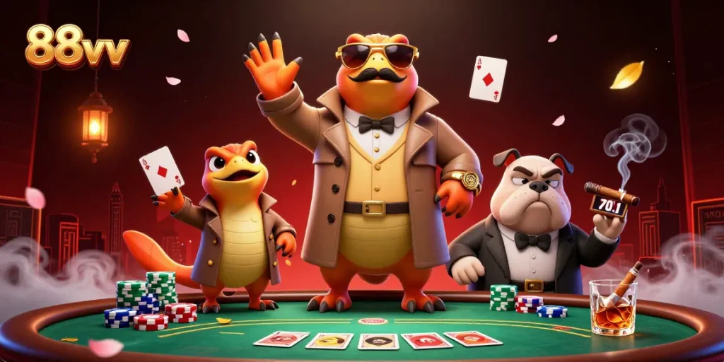 Three raptors in a trench coat entering a casino lounge, showcasing fun antics to embody the 88vv experience.