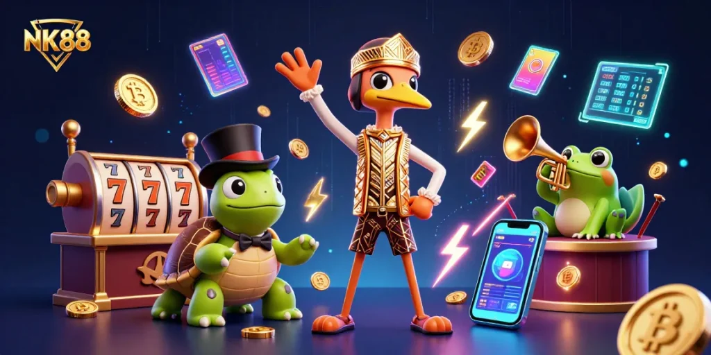 NK88 offers a vibrant casino experience with slots, crypto coins, and dynamic colorful characters.