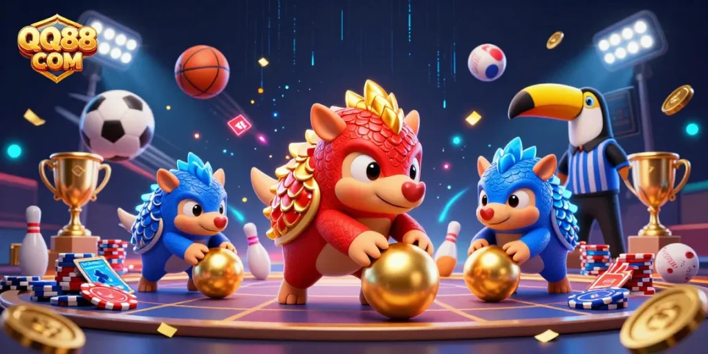 Experience thrilling moments at QQ88 COM with animated pangolins bowling golden balls and poker chips