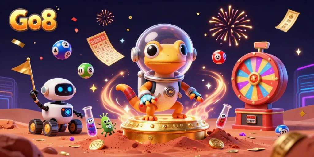 Go8 celebrates a vibrant lottery scene with a Martian gecko uncovering a golden casino and cheerful alien bacteria in celebration.