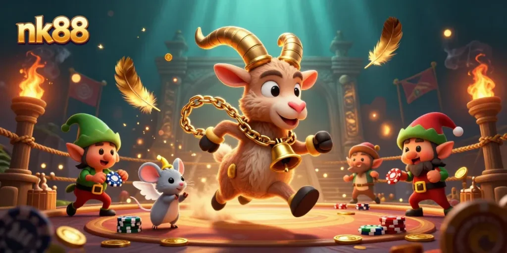 Experience thrilling gameplay with nk88 at a lively casino atmosphere featuring Krampus and playful characters.