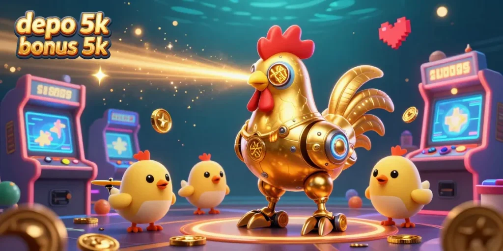 Experience the excitement of depo 5k bonus 5k with an engaging 3D illustration of a golden rooster robot and baby chick drones!