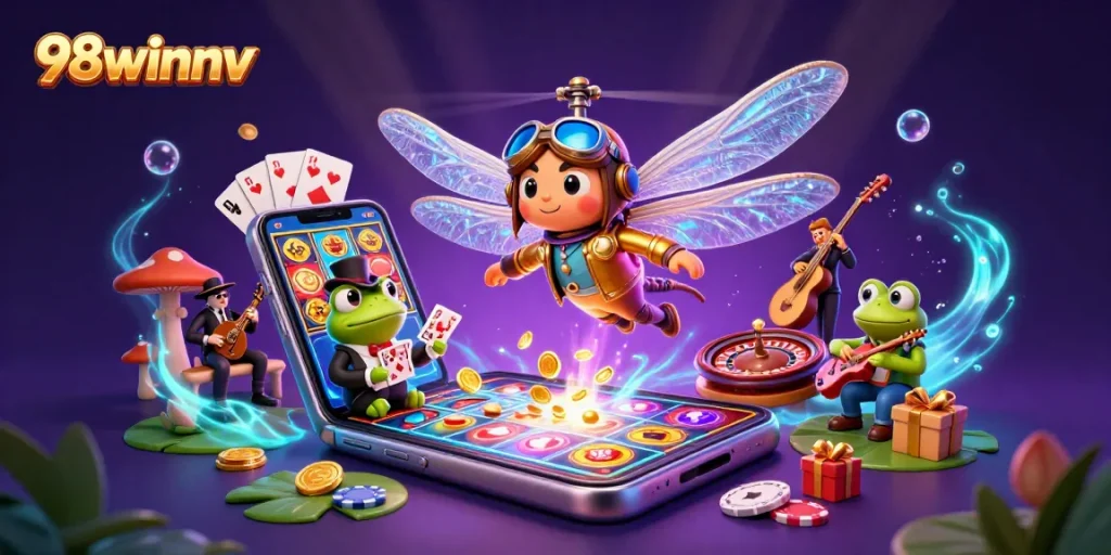 Engage with 98winnv's vibrant casino world through a dynamic 3D illustration showcasing a dragonfly pilot and frog croupier.