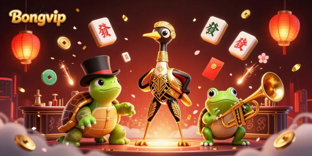 Experience the vibrant world of Bongvip with a lively casino scene featuring iconic characters and thrilling game elements.