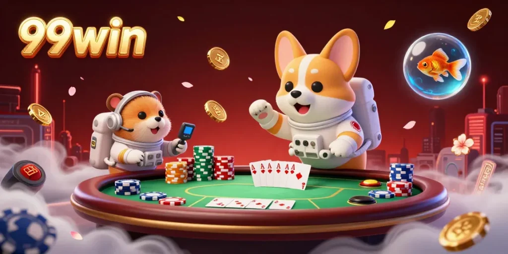Experience vibrant gaming action at 99win with a lively casino scene featuring animated characters.