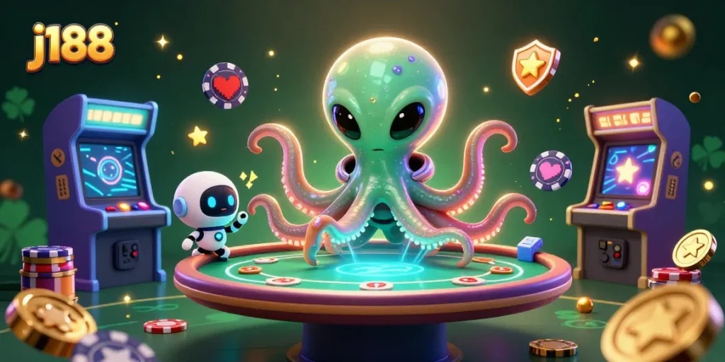 Engage in thrilling poker gameplay with j188, illustrated by an alien octopus and robot companions.