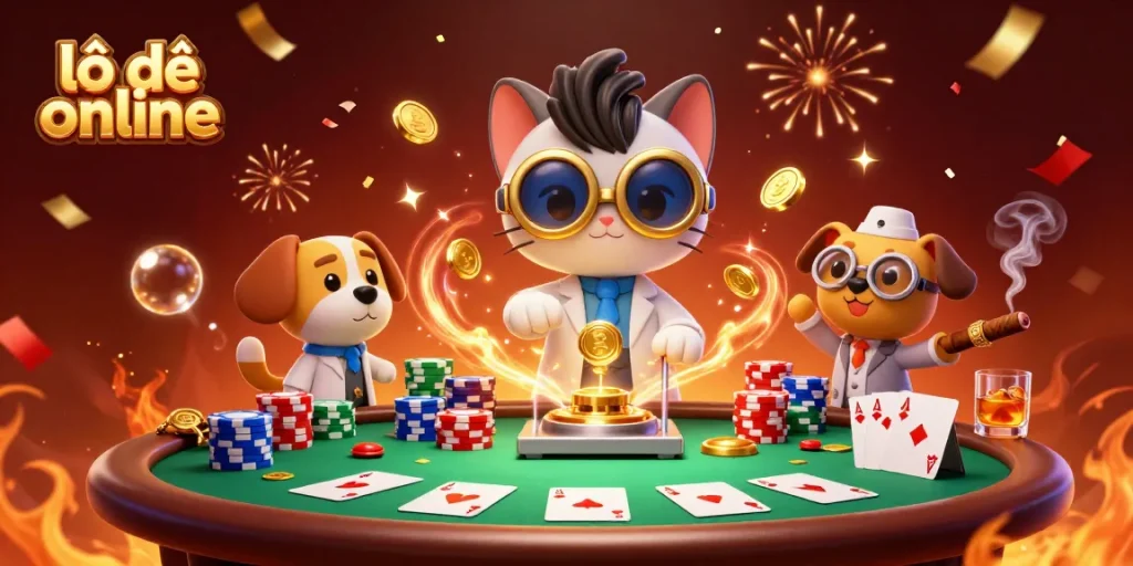 Generate winnings with lô đề online in a vibrant casino-themed illustration featuring characters and game elements.