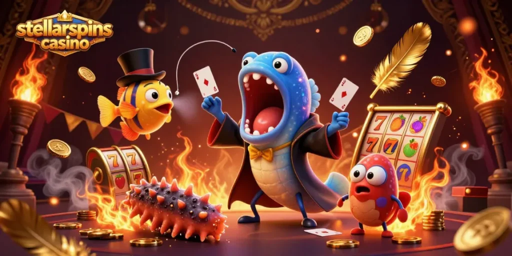 Engaging illustration of stellarspins casino, depicting a magical underwater casino scene with vibrant characters and gaming elements.