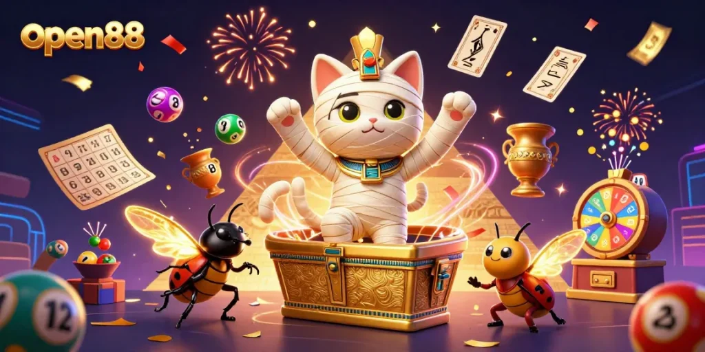 Join the fun at open88 with an Egyptian mummy cat and dynamic lottery elements!
