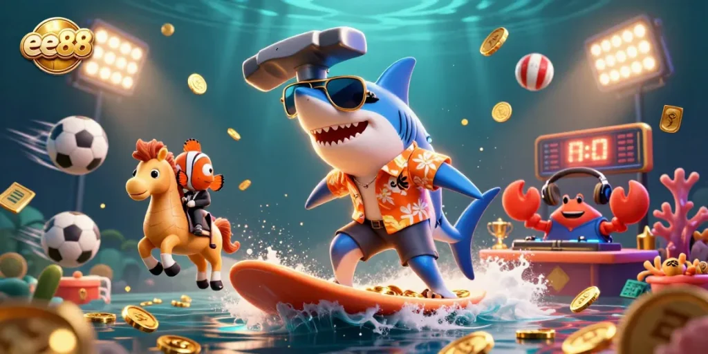Experience the thrill of gambling with ee88 through vibrant gaming elements and characters in a dynamic underwater scene.