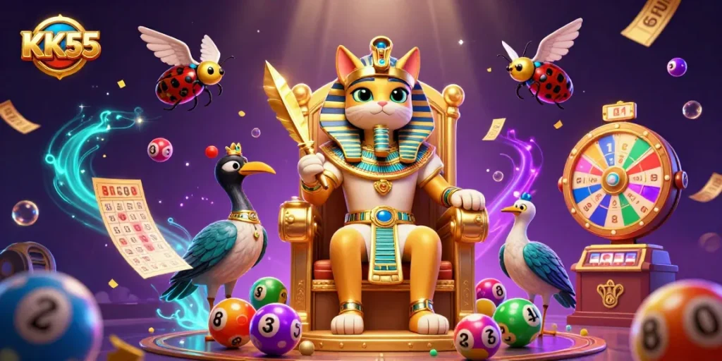 Engage in the thrilling world of KK55 with vibrant lottery balls and colorful casino elements.