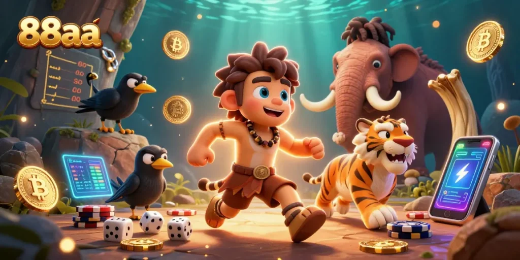 Experience the excitement of 88aa with a lively prehistoric casino scene featuring Bitcoin and Ethereum elements.