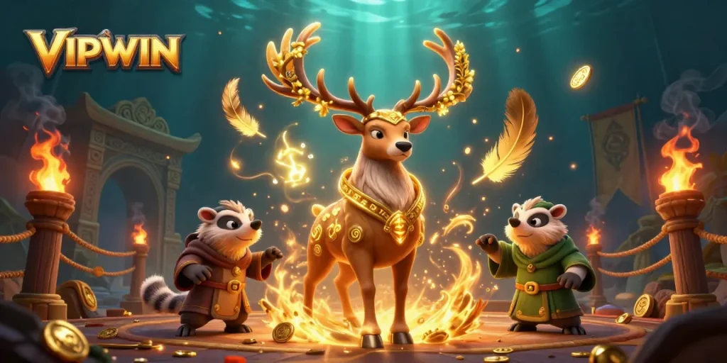 VIPWIN gaming excitement illustrated with a Celtic druid stag and mystical elements for an elite online casino experience.