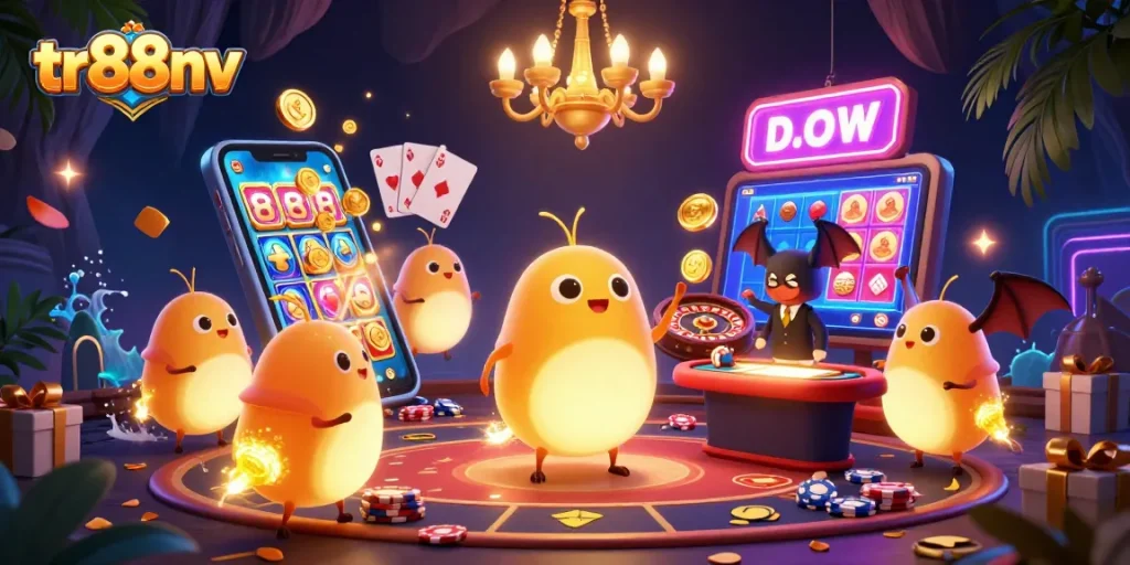 Experience the thrill of tr88nv with vibrant glowworms lighting a lively cave casino scene.