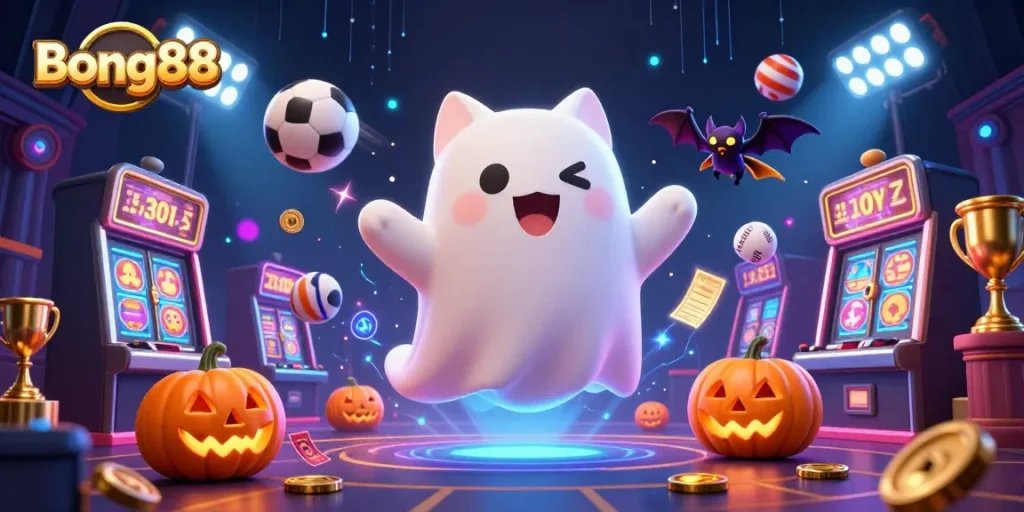 Bong88 showcases thrilling gameplay with a friendly ghost cat and sports elements in a vibrant casino scene.