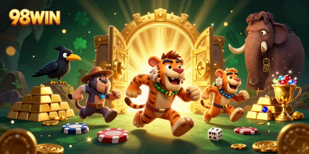 Experience thrilling wins with 98WIN in a vibrant prehistoric casino scene!