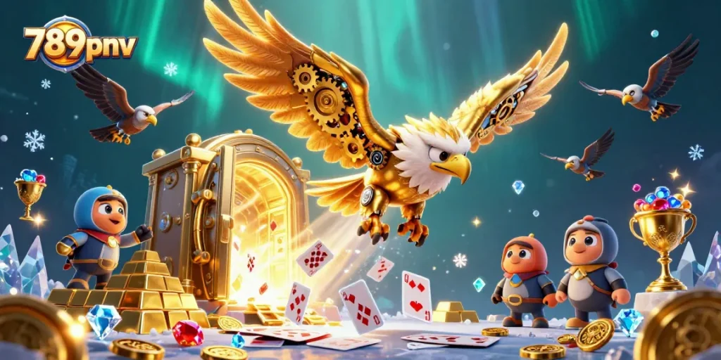 Experience epic gambling action with 789pnv, highlighted by a mechanical golden eagle amidst dazzling treasures.