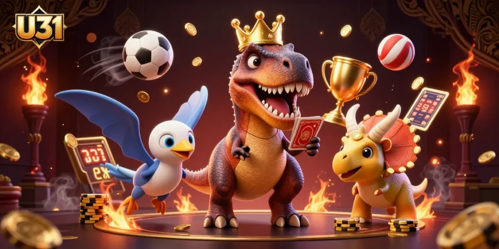 U31 showcases fun cartoon dinosaurs enjoying games and sports betting action with vibrant casino elements