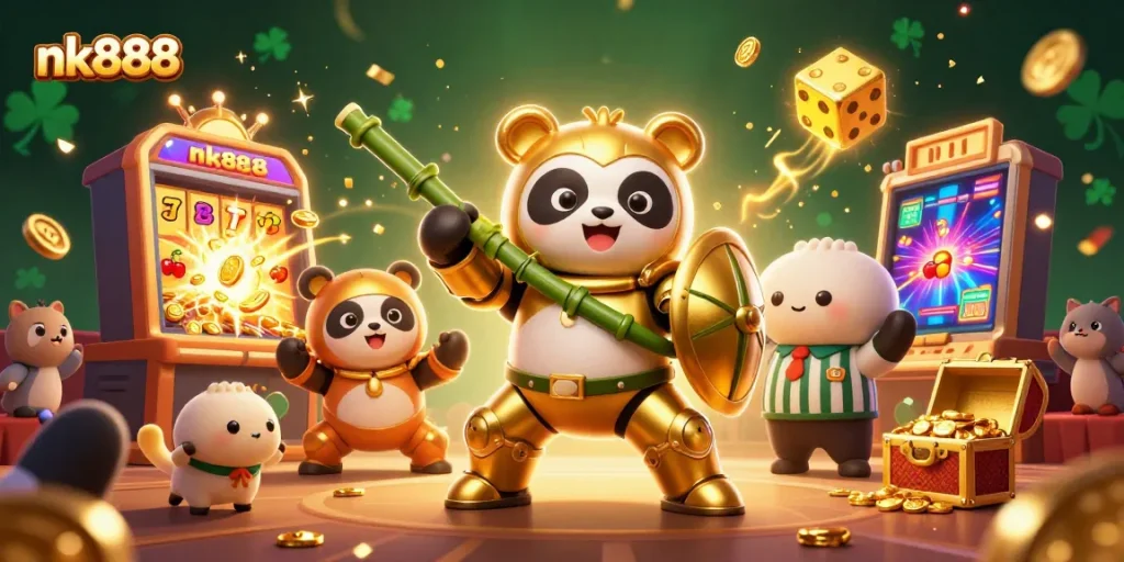 Experience exciting gameplay at nk888 with a vibrant 3D casino illustration featuring dynamic jackpots and thrilling characters.