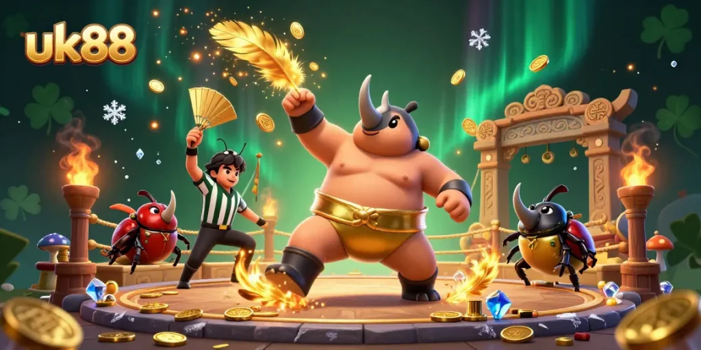 Experience uk88’s thrilling sumo beetle showdown surrounded by dynamic casino elements.